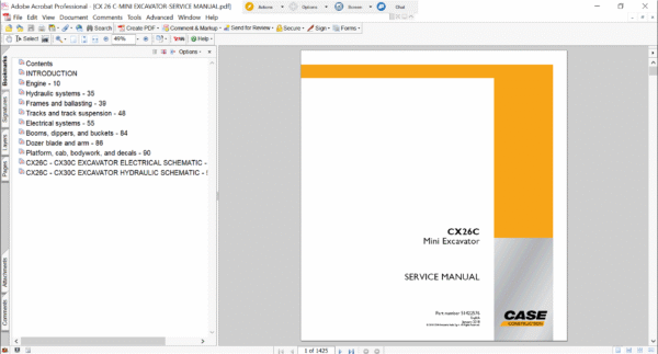 Service repair manual for Case CX26C Excavator, including maintenance tips and technical specifications with highlighting repair procedures