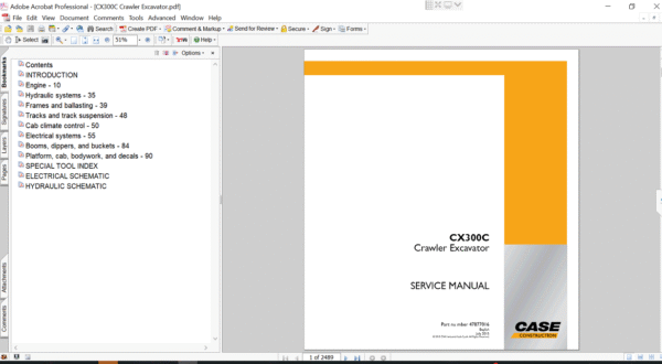 Service repair manual cover for Case CX300C Excavator, featuring technical illustrations, detailed repair and maintenance instructions