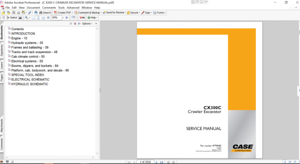 Cover of the service repair manual for case cx300c excavator, including maintenance tips and technical specifications with highlighting repair procedures