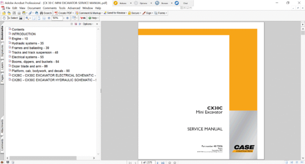 The Operator’s Manual for case cx30c excavator, featuring the Case logo and model name with a technical illustration or photo of the backhoe loader