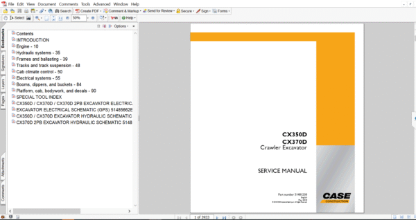 Service repair manual for Case CX350D Excavator, displaying key repair procedures and maintenance instructions