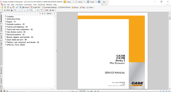 Service repair manual for Case CX35B Excavator, including maintenance tips and technical specifications with highlighting repair procedures