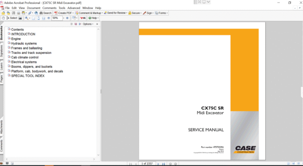 Cover of the service repair manual for Case CX75C SR Excavator, including maintenance tips and technical specifications with highlighting repair procedures