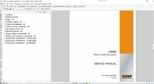 Cover of the service repair manual for Case CX80C Excavator, including maintenance tips and technical specifications with highlighting repair procedures