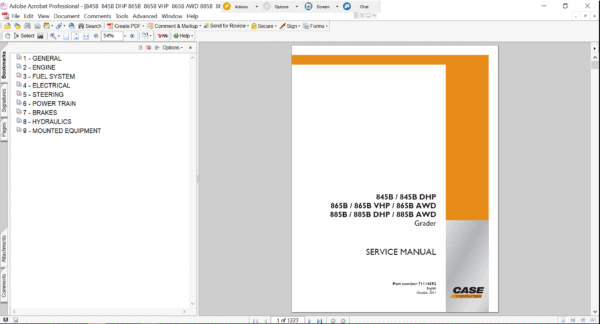 The Operator’s Manual for Case 845B Motor Grader, featuring the Case logo and model name with a technical illustration or photo of the backhoe loader
