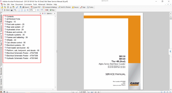 Service repair manual for Case SR160 Skid Steer, including maintenance tips and technical specifications with highlighting repair procedures