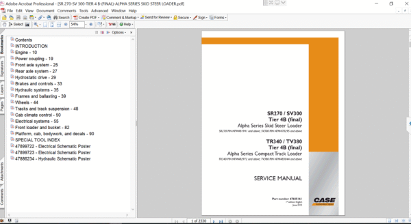 Cover of the service repair manual for Case SV300 Skid Steer, including maintenance tips and technical specifications with highlighting repair procedures