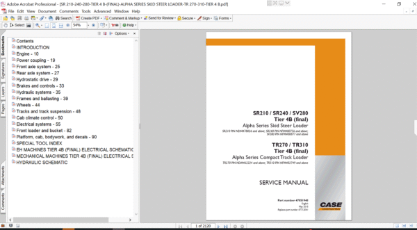 Cover of the service repair manual for Case TR310 Skid Steer, including maintenance tips and technical specifications with highlighting repair procedures