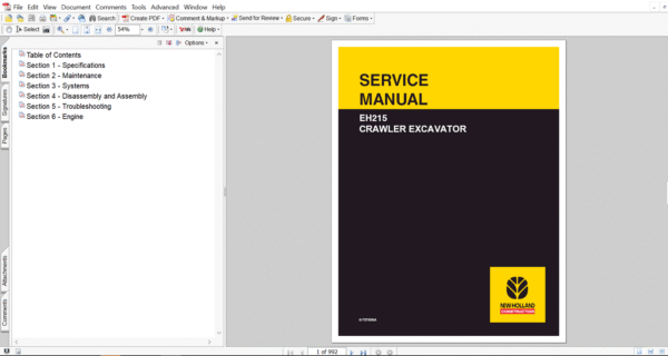 Service repair manual for New Holland EH215 Excavator, including maintenance tips and technical specifications with highlighting repair procedures
