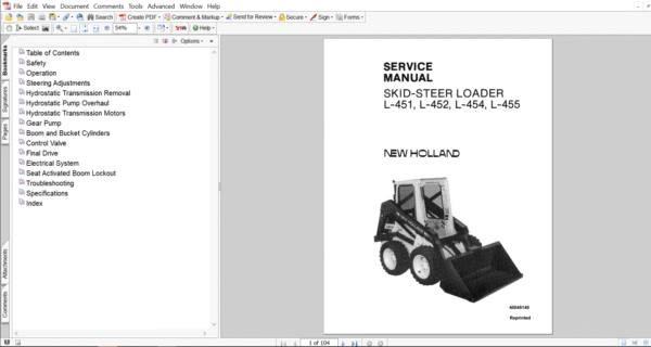 Cover page of the Service Repair Manual for New Holland L454 Skid Steer, including technical maintenance and repair procedures