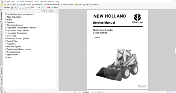 Cover page of the Service Repair Manual for New Holland L550 Skid Steer, including technical maintenance and repair procedures