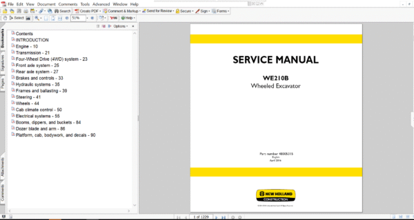 New Holland WE210B Wheel Excavator Service Manual cover with technical details and repair guidelines illustrated