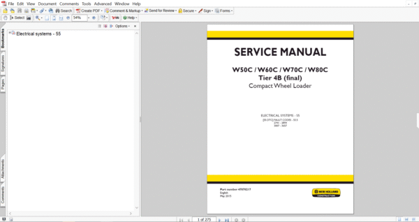 New Holland W60C Wheel Loader service manual cover for electrical systems, featuring detailed repair instructions and diagrams