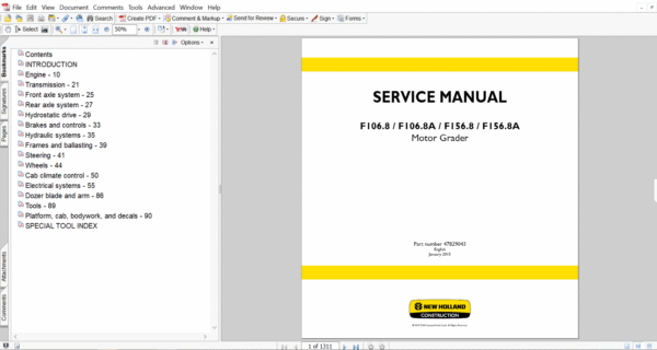 Comprehensive technical guide for maintenance, troubleshooting, and repair procedures for New Holland F106.8 Motor Grader