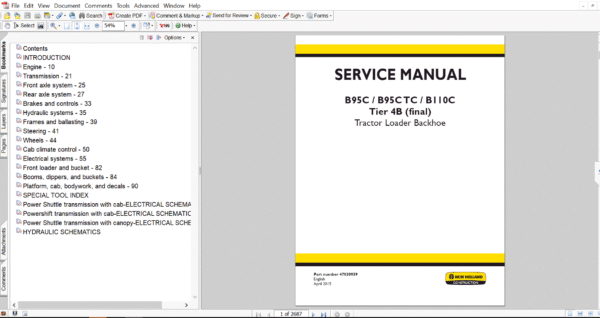 Service repair manual for New Holland B110C Backhoe Loader, including maintenance tips and technical specifications with highlighting repair procedures