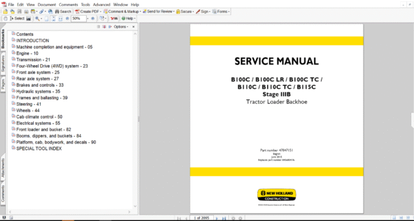 Service repair manual for New Holland B110C TC Backhoe Loader, including maintenance tips and technical specifications with highlighting repair procedures