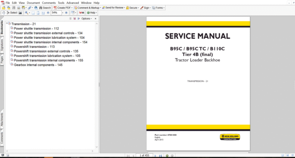 New Holland B95C Backhoe Loader Transmission Service Repair Manual cover displaying the model and essential repair guidelines