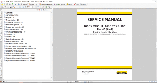 Service repair manual cover for New Holland B95C Backhoe Loader, featuring technical illustrations, detailed repair and maintenance instructions