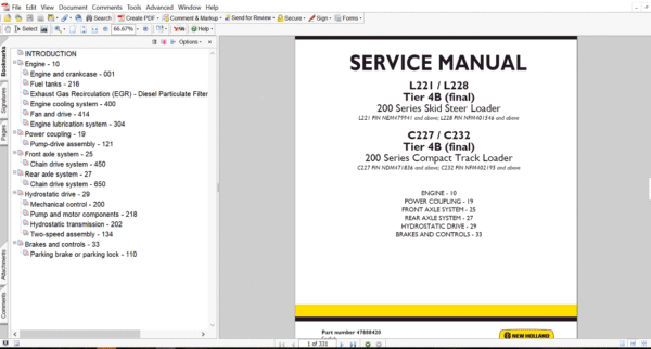 New Holland C227 Track Loader engine service manual cover, highlighting repair techniques and detailed illustrations