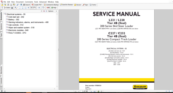 Comprehensive service manual for New Holland C232 Track Loader, emphasizing electrical systems repair and maintenance