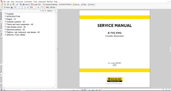 Service repair manual for New Holland E175C EVO Excavator, featuring comprehensive guides and diagrams for maintenance