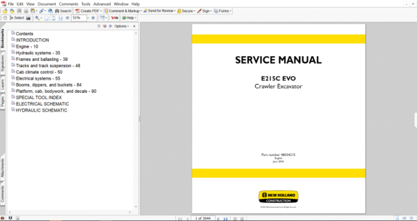 Service repair manual for New Holland E215C EVO Excavator, including maintenance tips and technical specifications with highlighting repair procedures