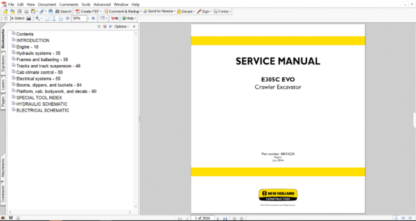 Service repair manual for New Holland E305C EVO Excavator, including maintenance tips and technical specifications with highlighting repair procedures