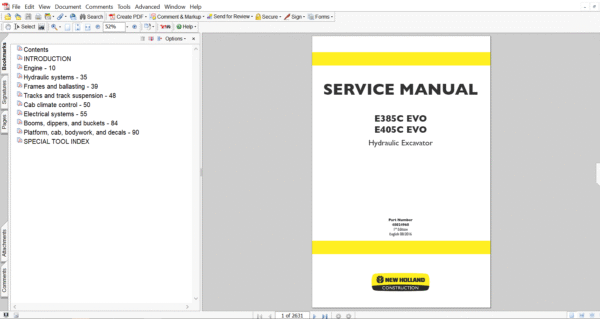 Service repair manual for New Holland E405C EVO Excavator, including maintenance tips and technical specifications with highlighting repair procedures