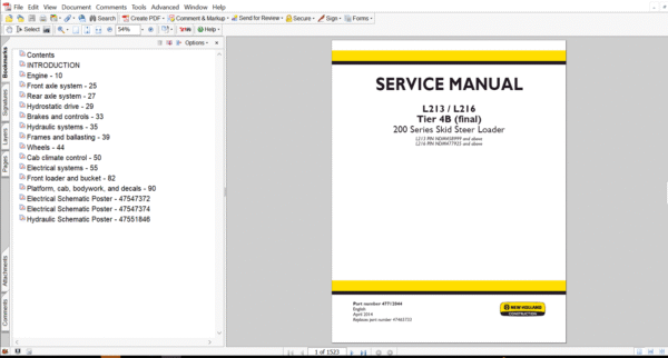 Service repair manual for New Holland L213 Skid Steer, including maintenance tips and technical specifications with highlighting repair procedures