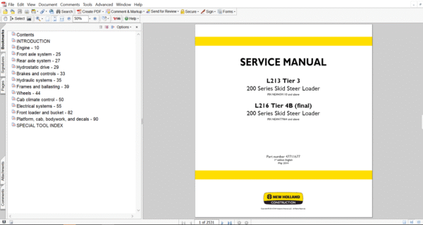 Cover page of the New Holland L213 Skid Steer Service Repair Manual – comprehensive technical guide for maintenance, troubleshooting, and repair procedures