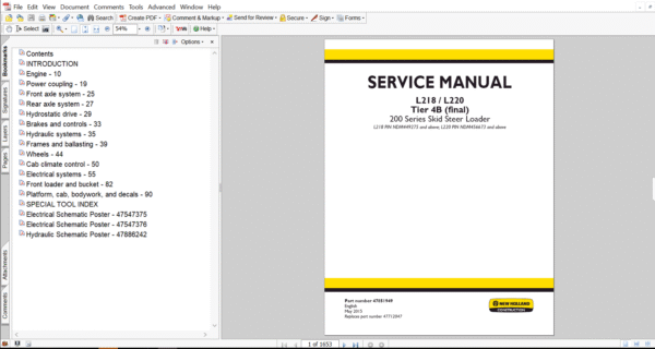 Service repair manual for New Holland L218 Skid Steer, including maintenance tips and technical specifications with highlighting repair procedures