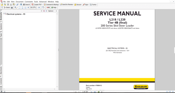 New Holland L220 Skid Steer service manual cover for electrical systems, featuring detailed repair instructions and diagrams