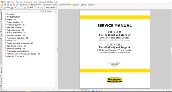 Cover page of the Service Repair Manual for New Holland L228 Skid Steer, including technical maintenance and repair procedures