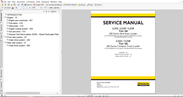 Service repair manual for New Holland L230 Skid Steer Engine including maintenance tips and technical specifications with highlighting repair procedures