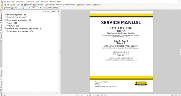 New Holland L230 Skid Steer electrical system repair manual, showcasing essential service information and graphics