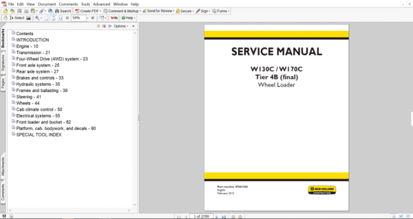 Cover page of the new holland w170c wheel loader Service Repair Manual – comprehensive technical guide for maintenance, troubleshooting, and repair procedures