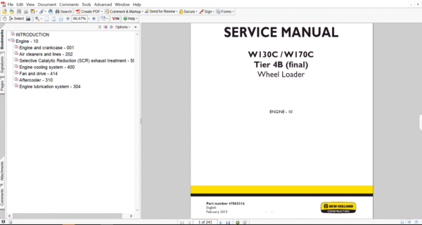 Comprehensive technical guide for maintenance, troubleshooting, and repair procedures for New Holland W170C Wheel Loader