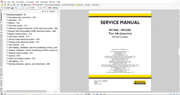 New Holland W230C Wheel Loader Service Manual – Technical guide for maintenance, troubleshooting, and repair procedures for the New Holland W230C Wheel Loader