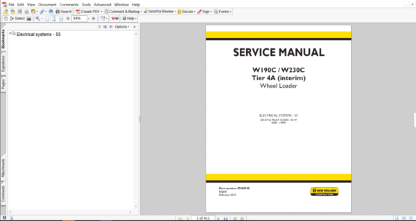 Service repair manual for New Holland W230C Wheel Loader Electrical Systems, including maintenance tips and technical specifications with highlighting repair procedures