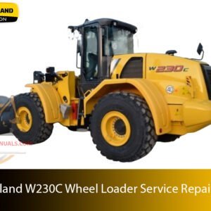 Service repair manual cover for New Holland W230C Wheel Loader, featuring technical illustrations, detailed repair and maintenance instructions