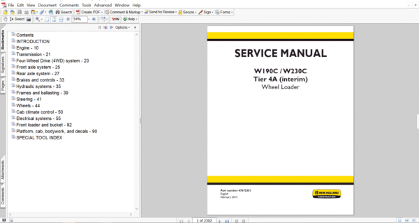 Service repair manual for New Holland W230C Wheel Loader, including maintenance tips and technical specifications with highlighting repair procedures