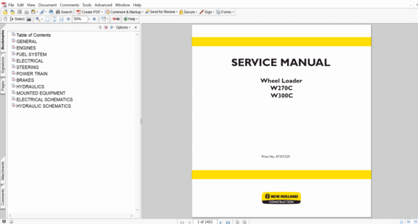 Service repair manual for New Holland W300C Wheel Loader, including maintenance tips and technical specifications with highlighting repair procedures