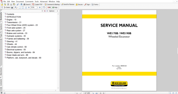 Service repair manual for New Holland WE190B Wheel Excavator, including maintenance tips and technical specifications with highlighting repair procedures