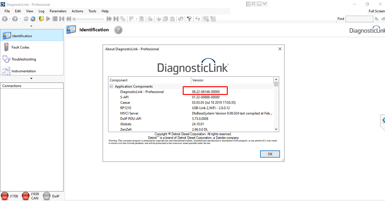 Detroit Diesel Diagnostic Link DDDL 8.22 Pro software interface displaying diagnostic tools for diesel engines