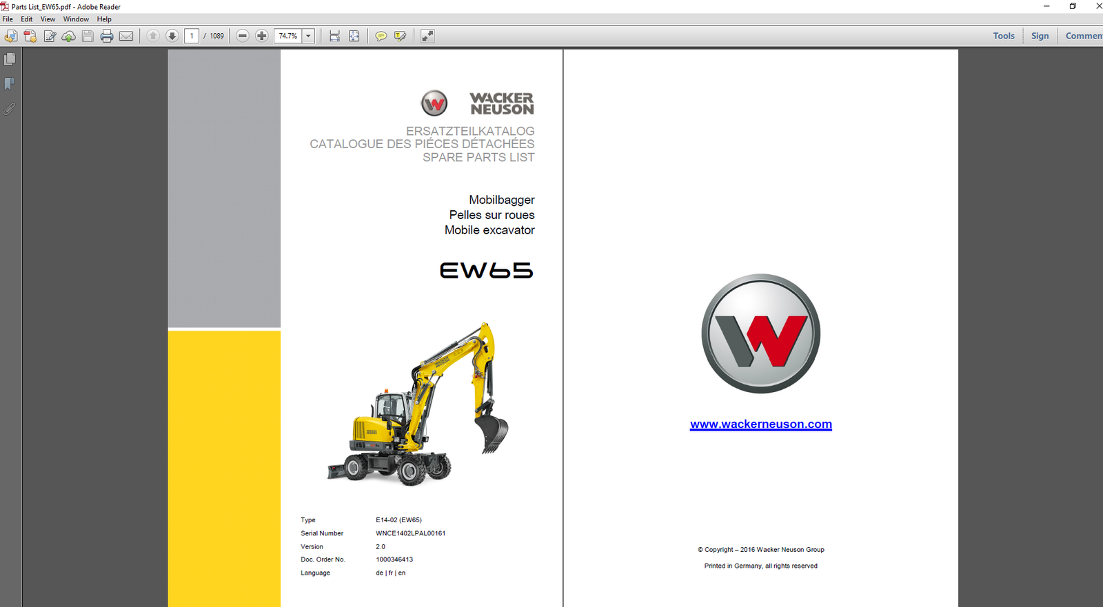 Parts manual for Wacker Neuson EW65 Wheel Excavator, displaying an image of the excavator and detailed parts information