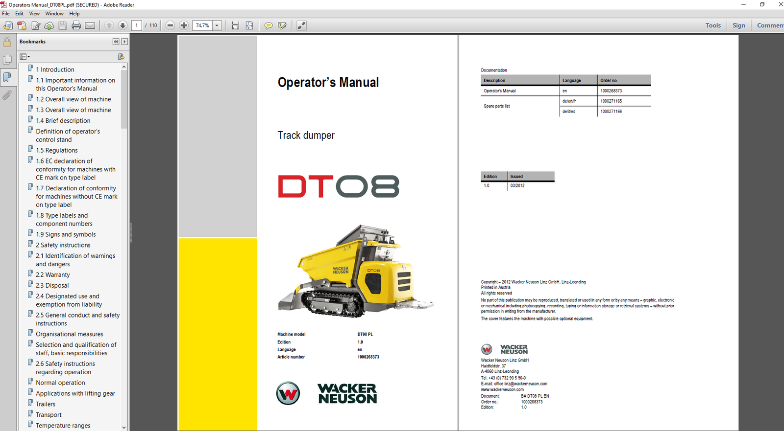 Wacker Neuson DT08 PL Dumper Operator's Manual cover featuring the model name and operational guidelines