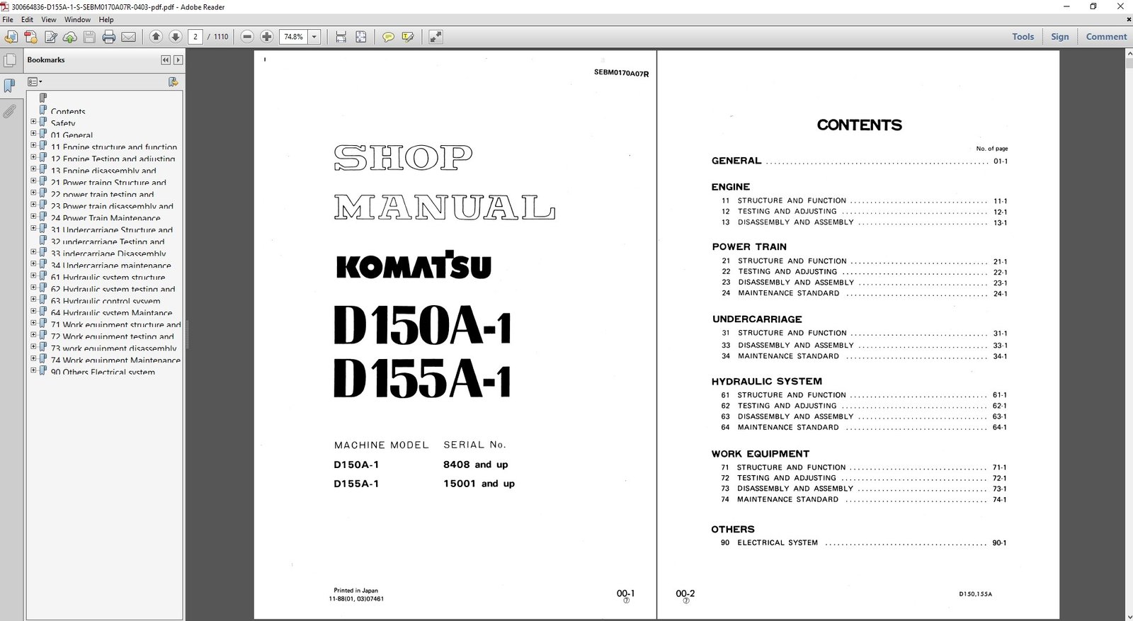 Komatsu D150A-1 Bulldozer workshop repair manual cover featuring technical illustrations and detailed specifications