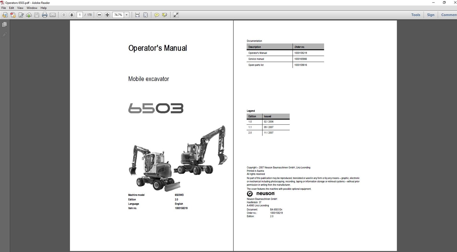 Wacker Neuson 6503 Wheel Excavator Operator's Manual cover featuring the model and key operational details