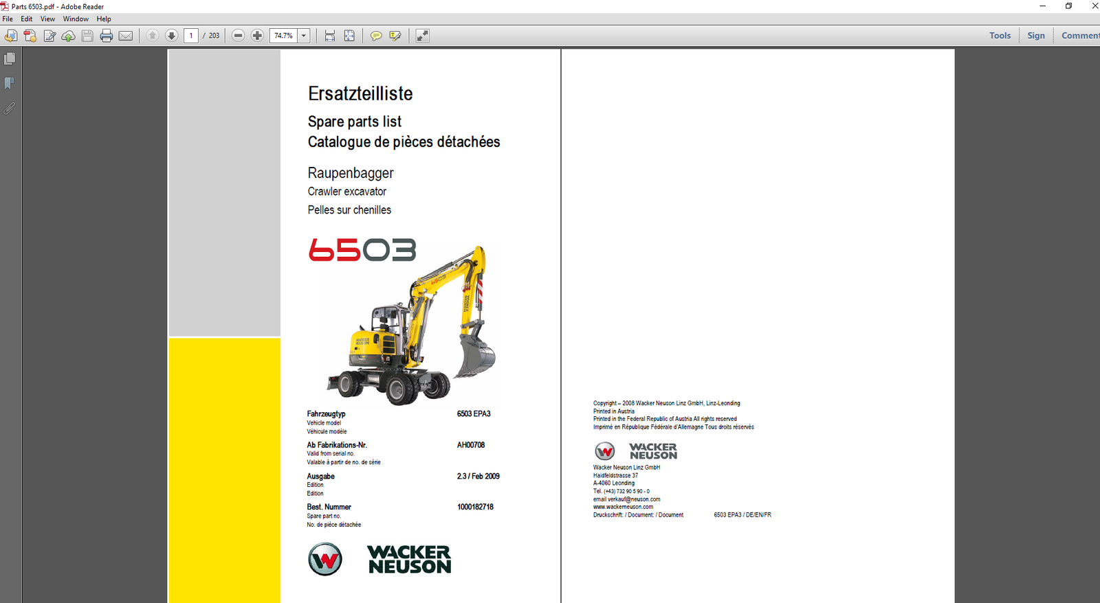 Parts manual for Wacker Neuson 6503 Wheel Excavator, showcasing components and assembly instructions for repairs