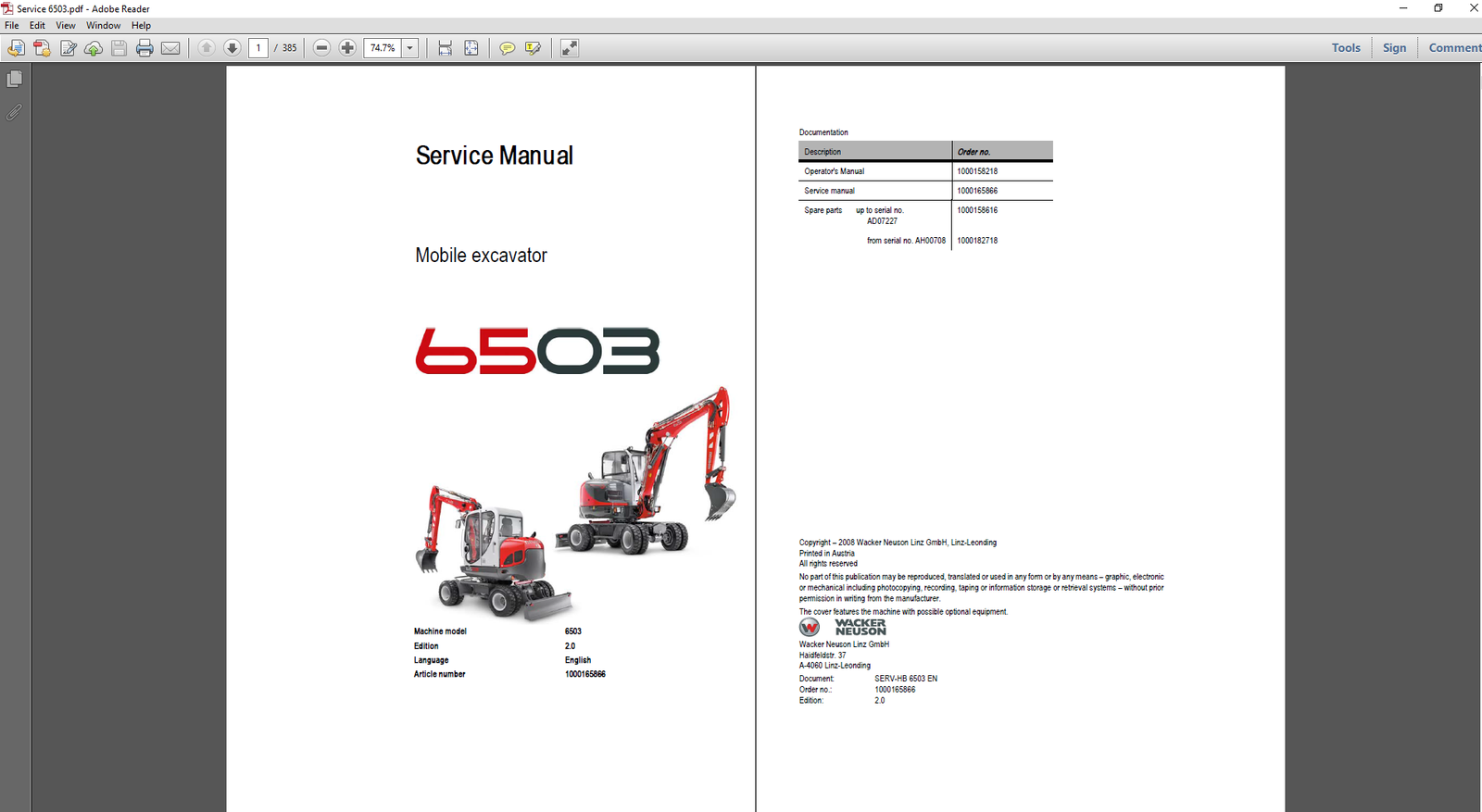 Service Repair Manual for Wacker Neuson 6503 Wheel Excavator, showcasing detailed diagrams and maintenance instructions